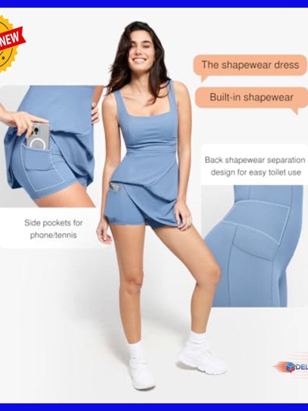 Shapewear Tennis Dress with Pockets, Square Neck, Slit Hem, Built-in Shorts - Picture 3 of 7